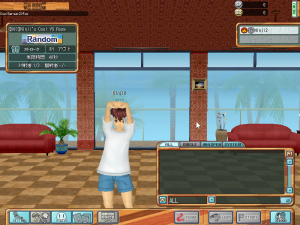 My default character stands in a 3D-modelled room. Floating windows display the room info, the chat box and a player list (showing me with a crown icon and a G-rank icon), and the bottom of the screen has buttons to edit the room settings or leave as well as greyed-out buttons for "Team", "Gallery" and "Start".