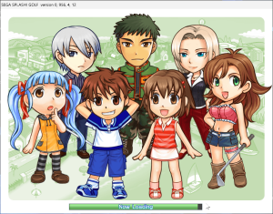 The game is stuck on a loading screen featuring chibi versions of the characters, with an almost-full progress bar