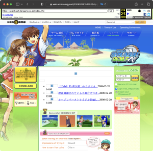 The archived Hangame Splash Golf homepage in Safari, partially translated; there's a login form, game screenshots, news updates, a download button, and quaint mentions of Internet Explorer 6