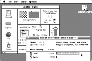 Emulated System 6, showing the About window and the Control Panel