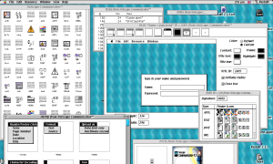 Netscape Communicator open in ResEdit, showing off some menus, icons and a dialog box