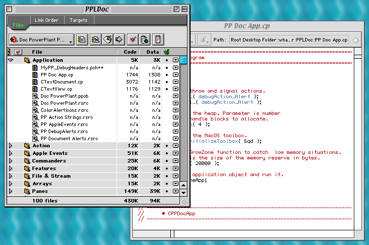 The CodeWarrior IDE on a Mac emulator, showing the project view and a template code file