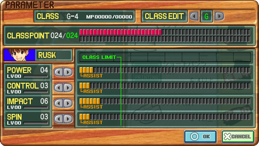 A popup window titled "Parameter". The top row shows your class/rank, MP, and a widget to select which class you want to edit. There's a bar showing that you have 24 out of 24 class points. Then, there's four separate sections for Power, Control, Impact and Spin, which allow you to allocate points to each category, while displaying your level in that category.