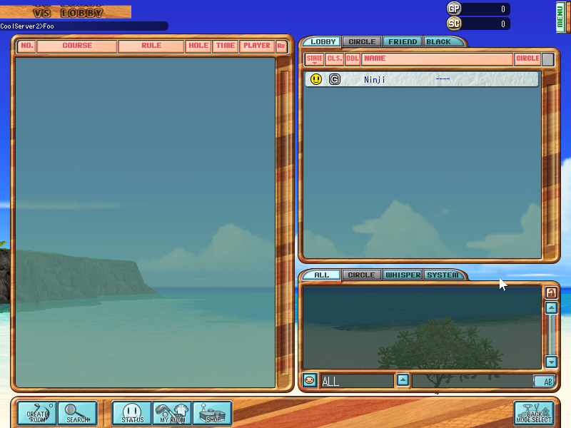 Screenshot of the lobby itself. The left half of the screen is an empty list of rooms, and the right half is split between a tabbed player list and a tabbed chat box.