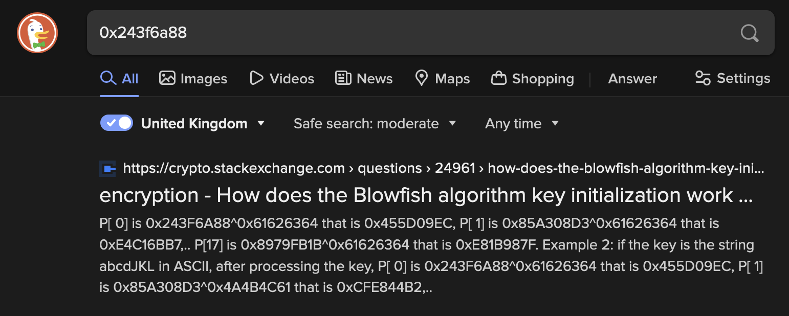 DuckDuckGo search results for "0x243f6a88" - the first result is a Stack Exchange cryptography question, "How does the Blowfish algorithm key initialization work"