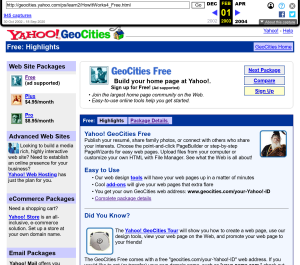 GeoCities homepage in 2003 on the Wayback Machine, trumpeting the ease of use and features offered by GeoCities Free