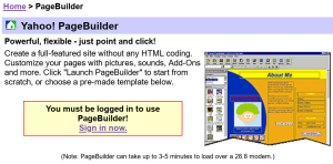 Promotional blurb from the PageBuilder page in 2006, with a handy warning that it can take up to 3-5 minutes to load on a 28k modem
