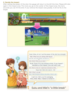 Machine-translated guide screenshot. The top part describes how after setting the power of your shot, you must click the "impact area" at the right moment to ensure that the shot is accurate. There's a game screenshot showing the right point in the bar that gets you a "Nice Shot!", and then an illustrated conversation where Rusk tells Miel that you can start over a limited amount of times.
