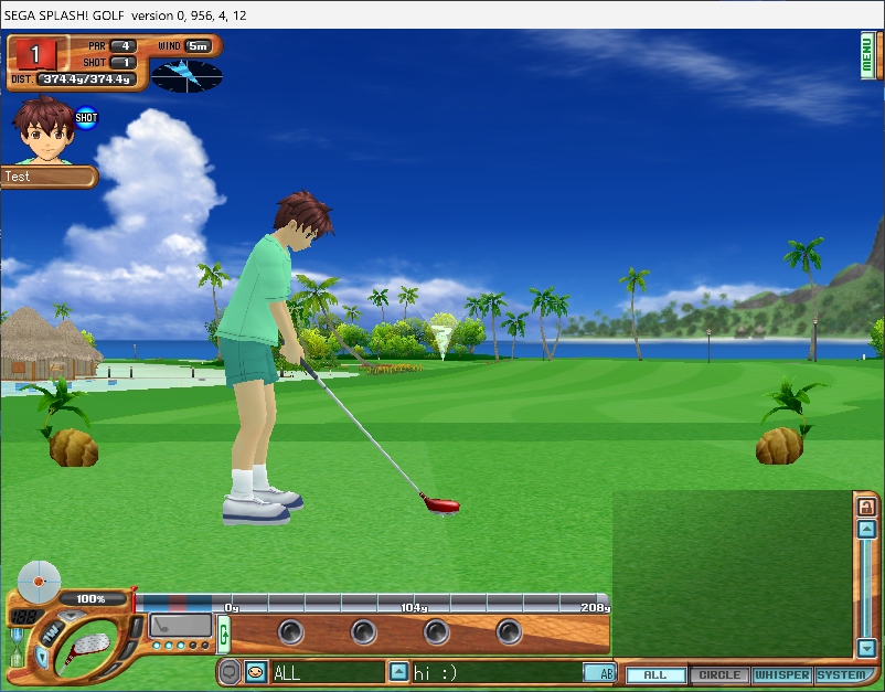 The little guy's standing on a low-poly island with unrealistically green glass, preparing to hit the ball into the rough