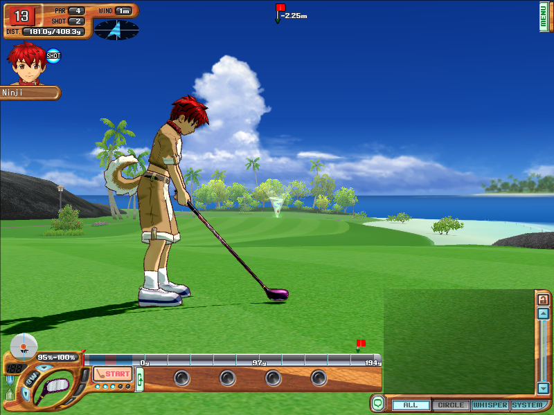 In-game screenshot where my character is now getting ready to make their shot - using the dogboy costume and a non-default club