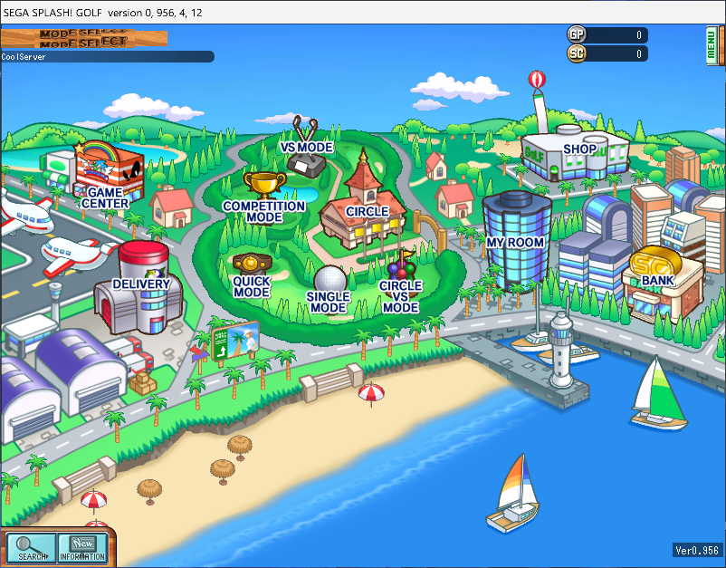 The main Splash Golf menu, titled "Mode Select", features a stylised overhead view of a seaside town with clickable buildings for different modes and areas such as Quick Mode, Competition Mode, Single Mode, My Room, Shop, Bank and Game Center