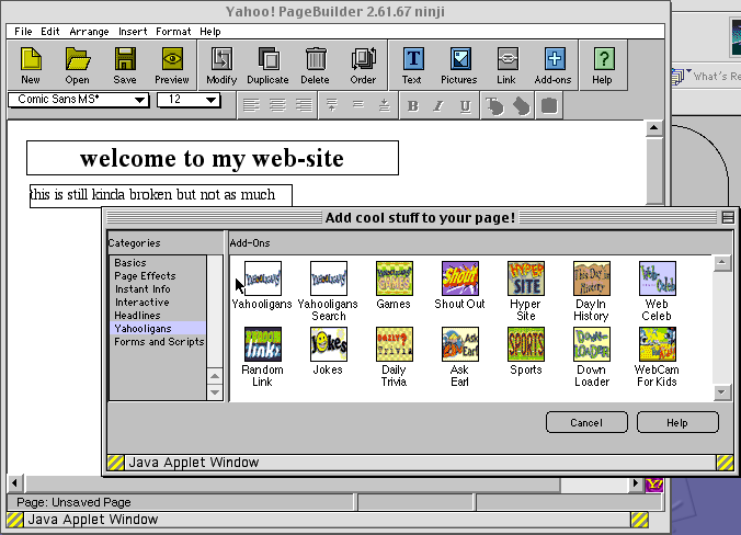 PageBuilder running inside Netscape 4 in Mac OS 9, displaying the list of Yahooligans widgets for your webpage