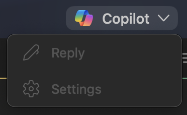 Screenshot of the brightly coloured Copilot button, with a totally useless dropdown menu that has disabed "Reply" and "Settings" options.